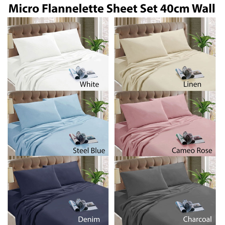 Kingtex Micro Flannelette Sheet Set 140GSM Denim Single 40cm Wall - SuperSaverAU - view 1