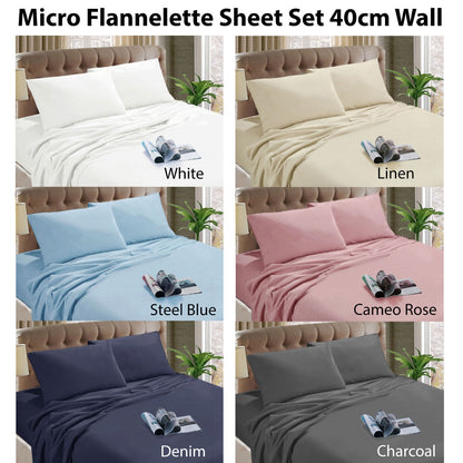 Kingtex Micro Flannelette Sheet Set 140GSM Steel Blue Single 40cm Wall