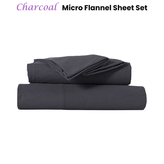 Kingtex Charcoal Ultra-Soft Micro Flannel Sheet Set 40 cm Wall Double