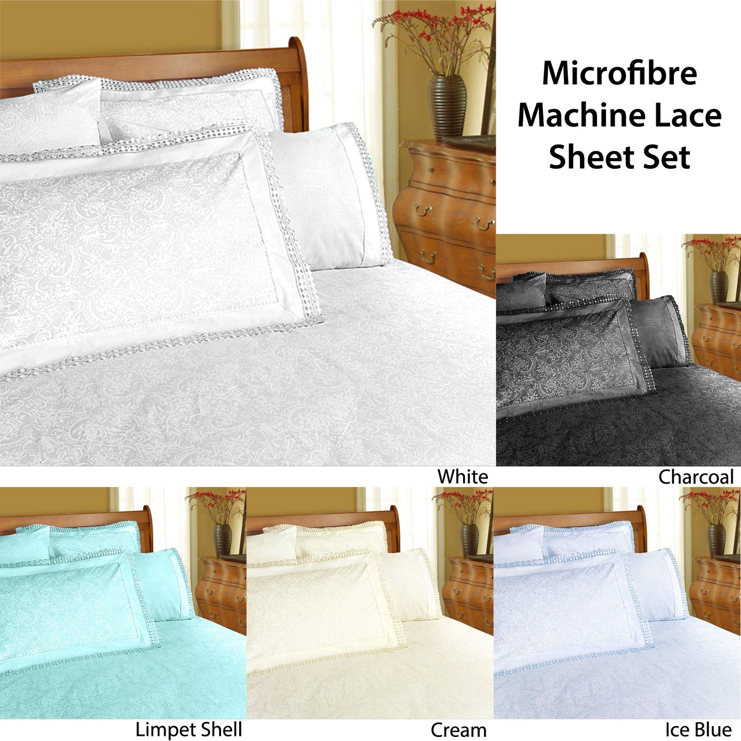 Shangri La Microfibre Machine Lace Sheet Set Charcoal Double - Floral Design