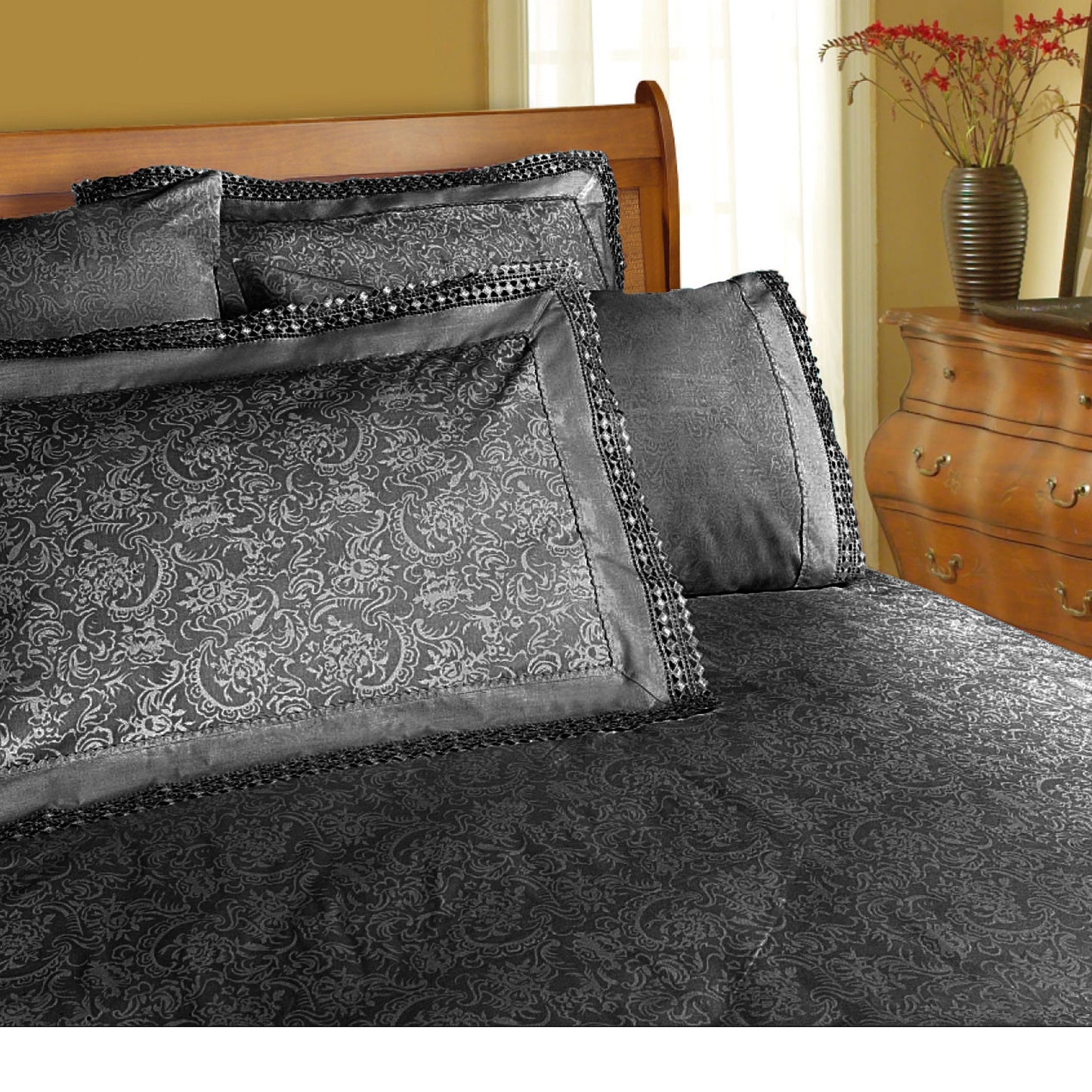 Shangri La Microfibre Machine Lace Sheet Set Charcoal Queen - Floral Design