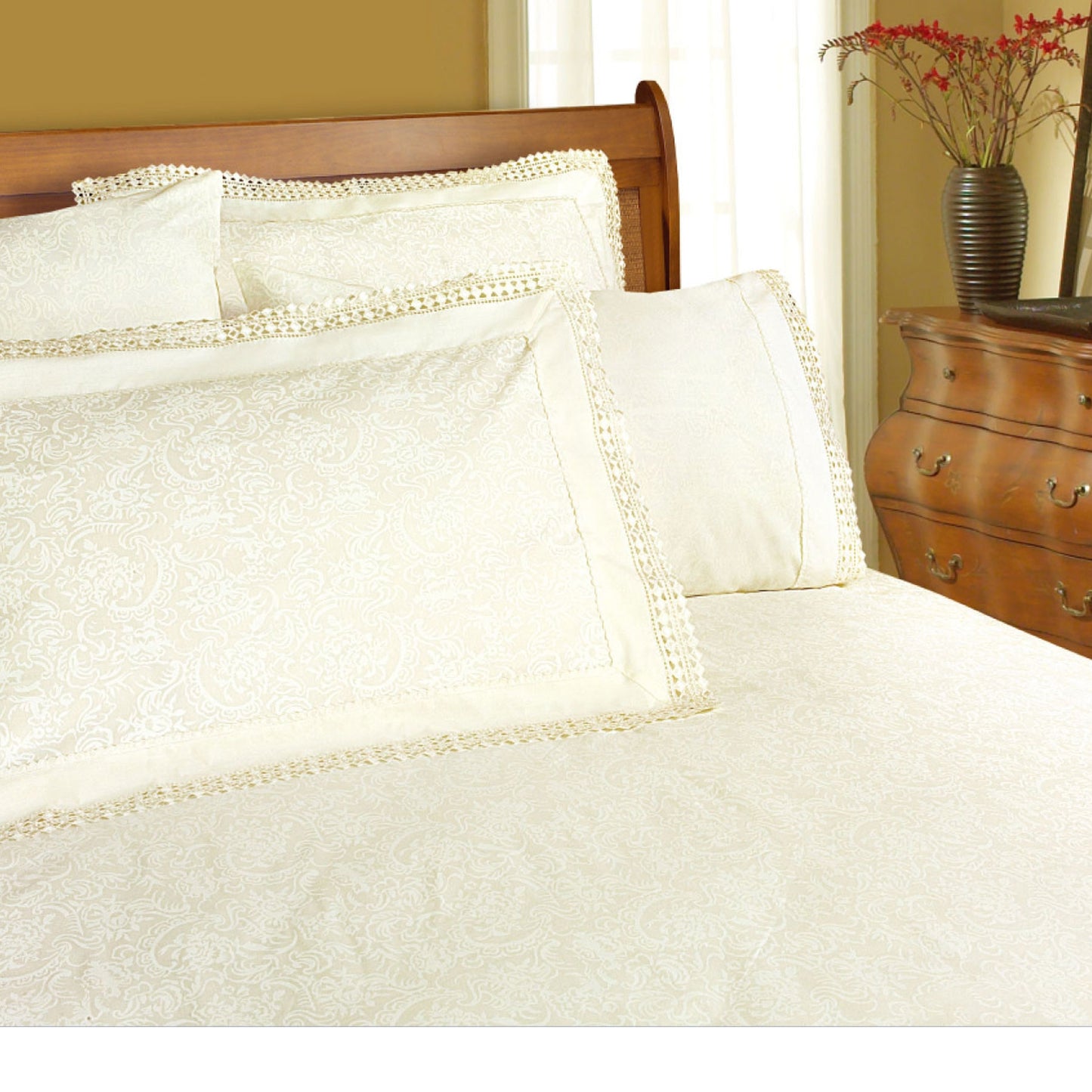 Shangri La Microfibre Machine Lace Sheet Set Cream King - Floral Design