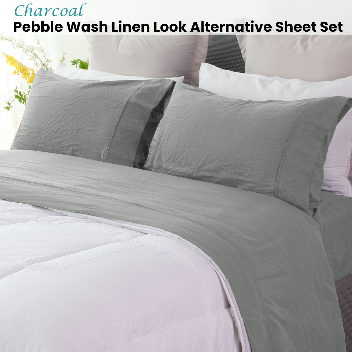 Ramesses Pebble Wash Linen Look Alternative Sheet Set - Charcoal, King