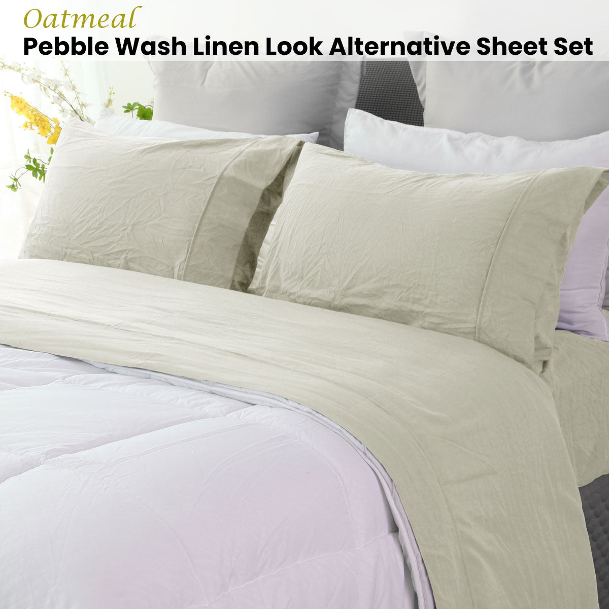 Ramesses Pebble Wash Linen Look Alternative Sheet Set - Oatmeal, Single