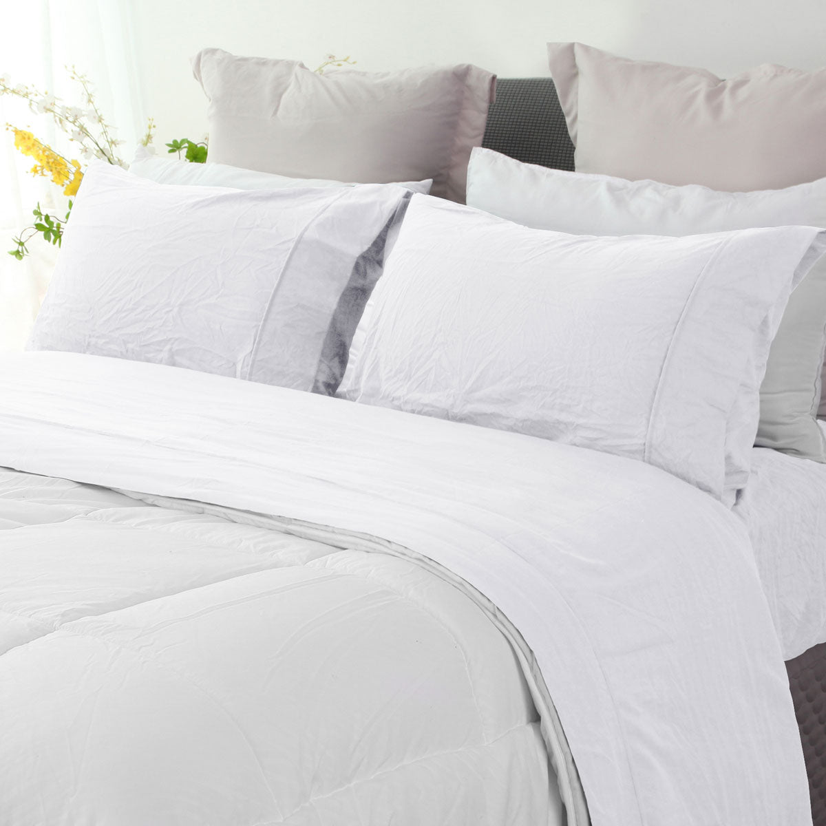 Ramesses Pebble Wash Linen Look Sheet Set - White, Queen
