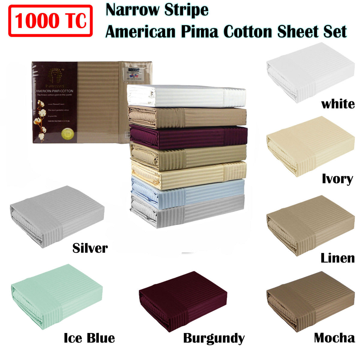 Ramesses 1000TC American Pima Cotton Narrow Stripe Sheet Set Queen - White
