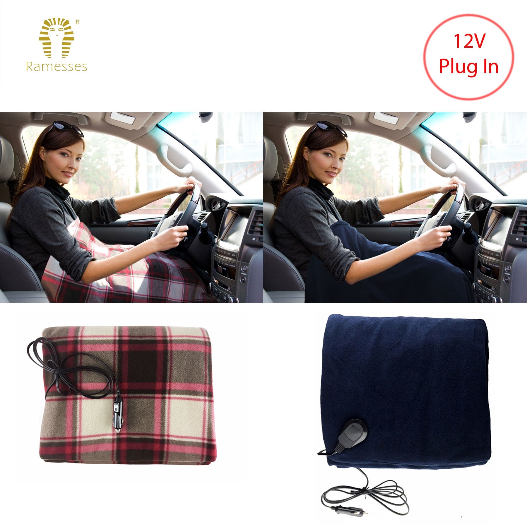 Ramesses Electric Heated Car Snuggle with 12V Plug - Navy, 110 x 150cm