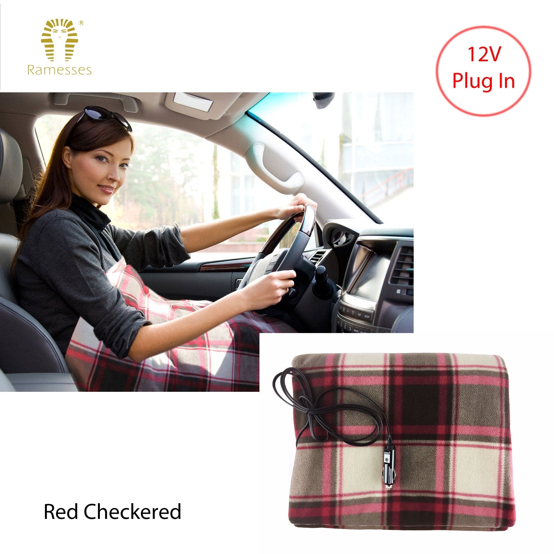 Ramesses Electric Heated Car Snuggle with 12V Plug - Red Checkered, 110 x 150cm