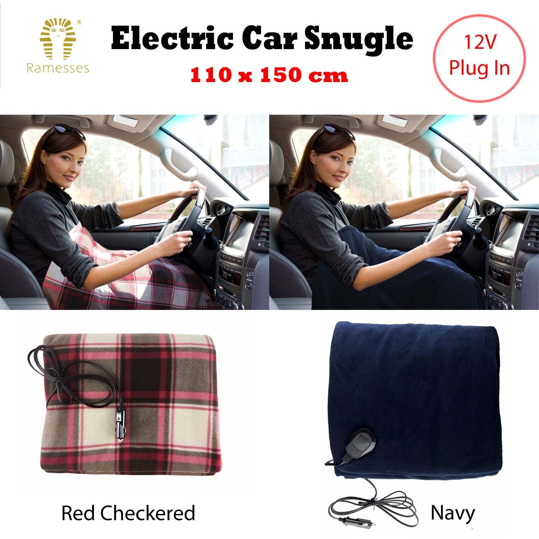 Ramesses Electric Heated Car Snuggle with 12V Plug - Red Checkered, 110 x 150cm