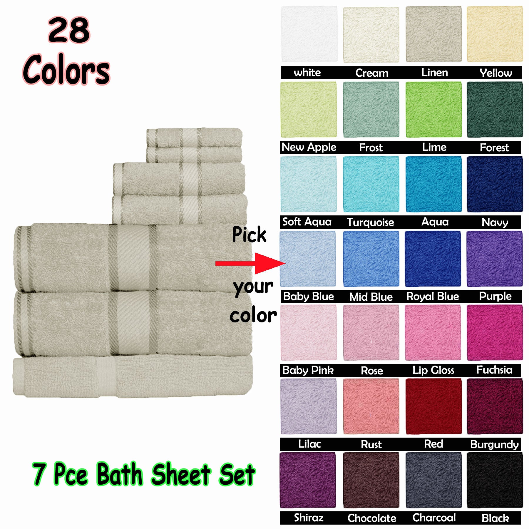 Kingtex 550gsm Cotton 7 Pce Bath Sheet Set - Extra Large, Soft & Absorbent - SuperSaverAU - view 2