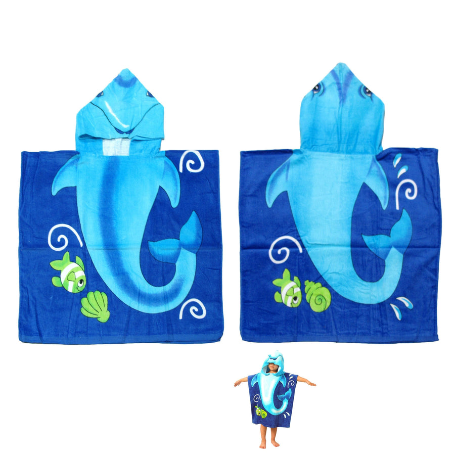 Cute Kids Cotton Hooded Towel Poncho 60 x 120 cm - Dolphin Design for Ages 2-8 - SuperSaverAU - view 1