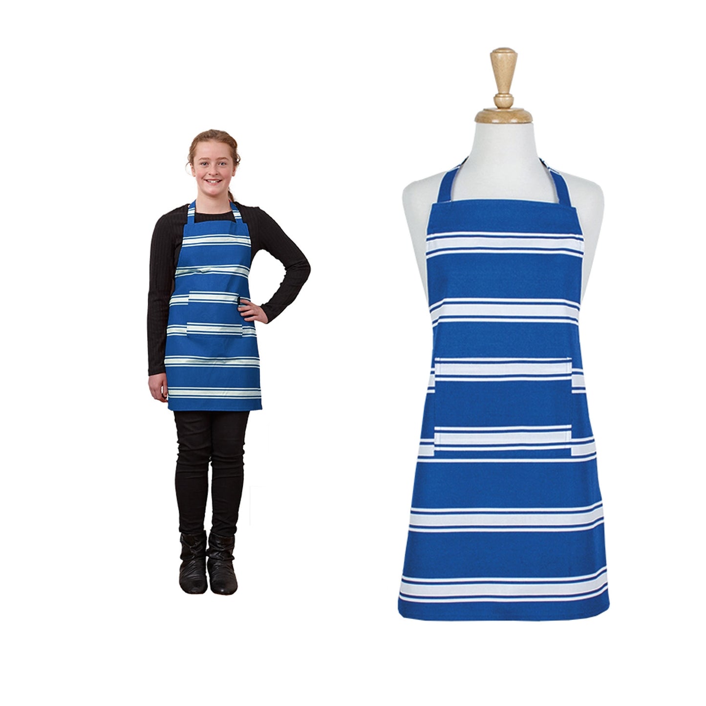 Ladelle Cotton Teen Apron Blue 50 x 68 cm with Striped Design & Front Pocket