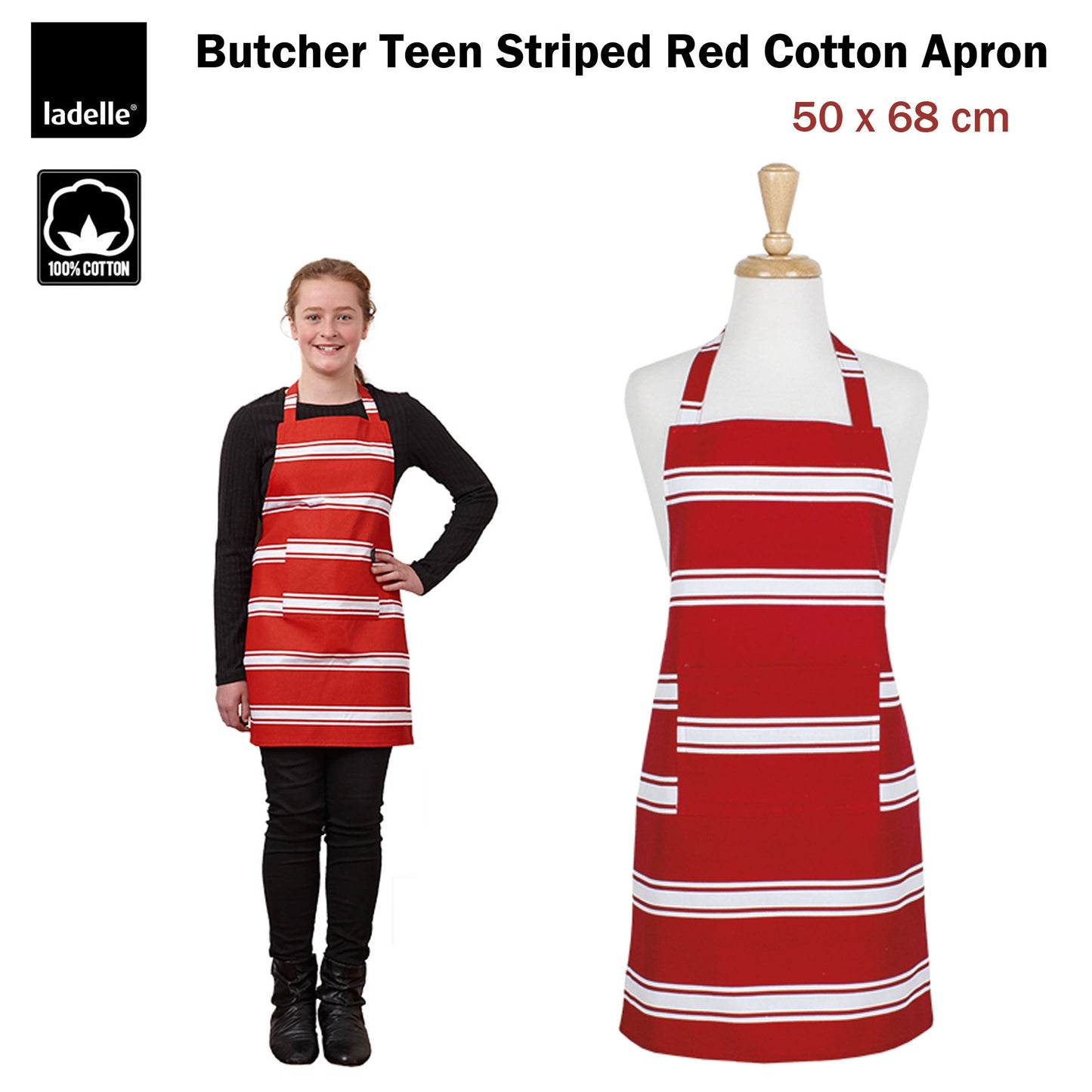 Ladelle Cotton Teen Apron Red 50 x 68 cm, Striped Design, AZO Free