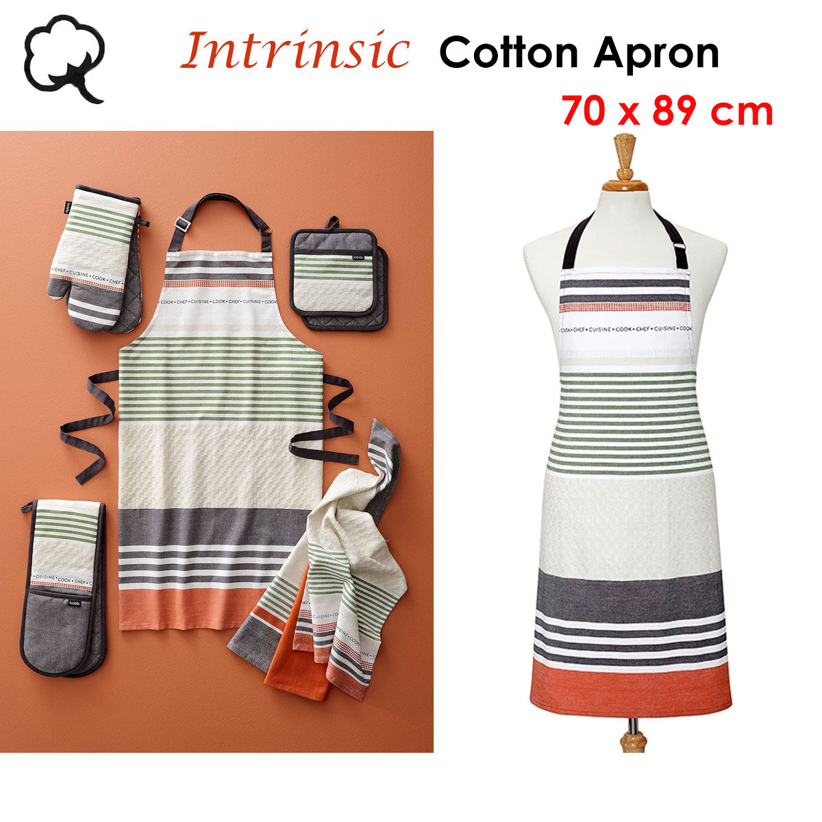 Ladelle Intrinsic Cotton Apron 70 x 89 cm - Stripes Print, Adjustable Neck, AZO Free