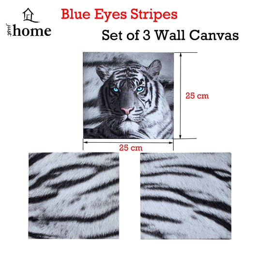 Just Home Set of 3 Printed Blue Eyes Stripes Tiger Wall Canvas 25x25 cm