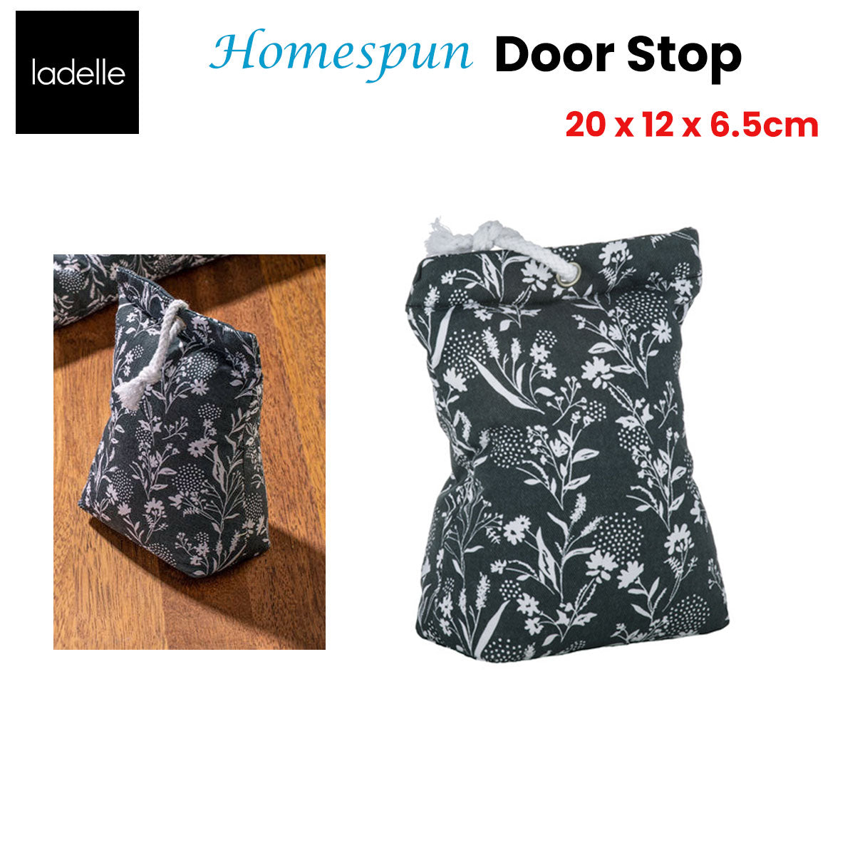 Ladelle Homespun Floral Print Door Stop 20 x 12 x 6.5cm with Rope Tie