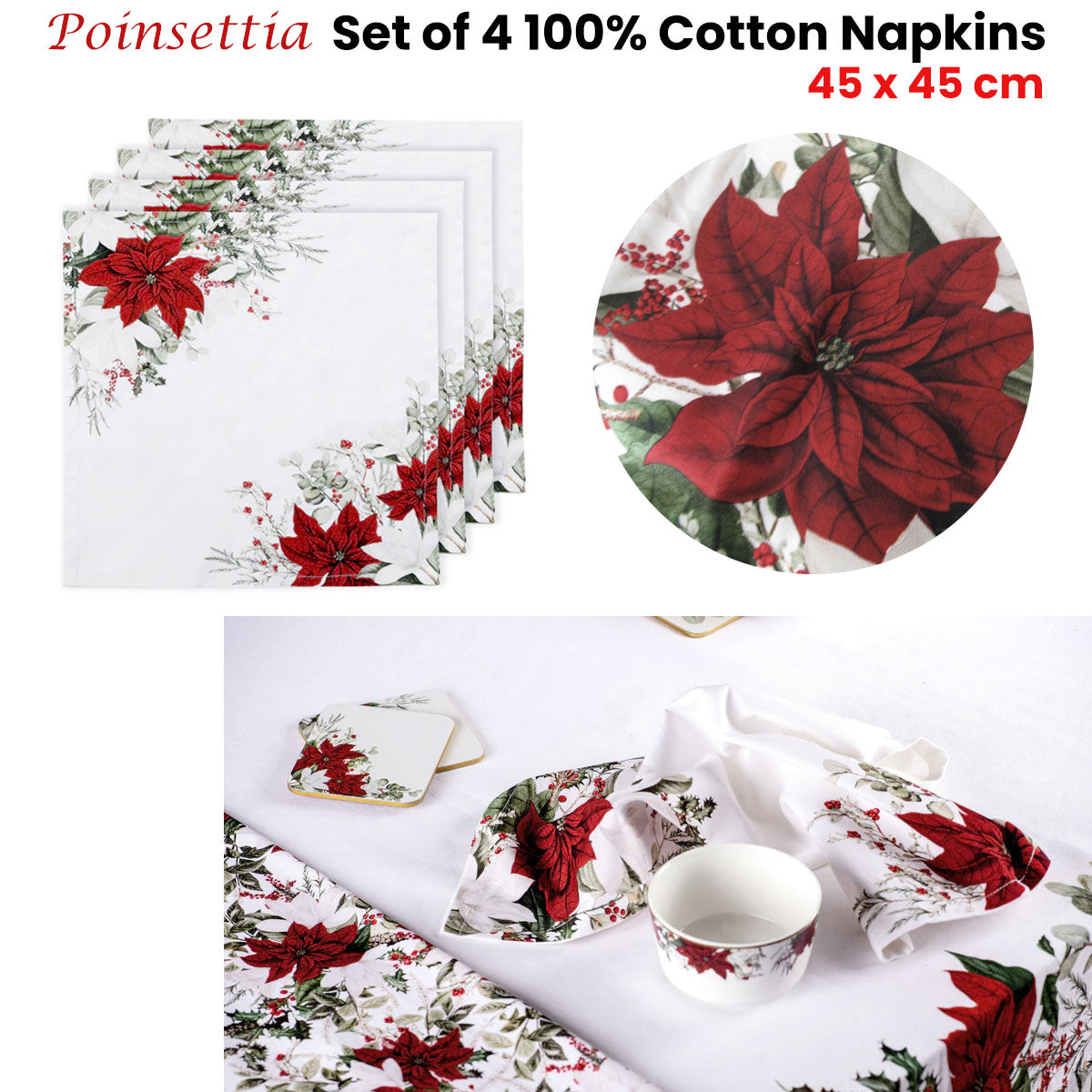 Ashdene Set of 4 Poinsettia 100% Cotton Napkins 45 x 45 cm - Floral Design - SuperSaverAU - view 2