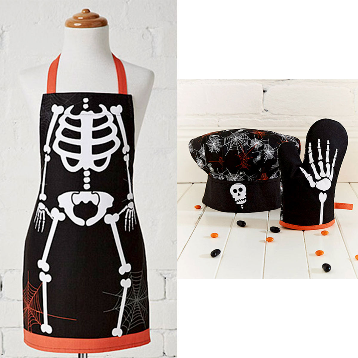 Cubby House Kids 3-Piece Skeleton Halloween Kitchen Chef Set - Apron, Mitt & Hat
