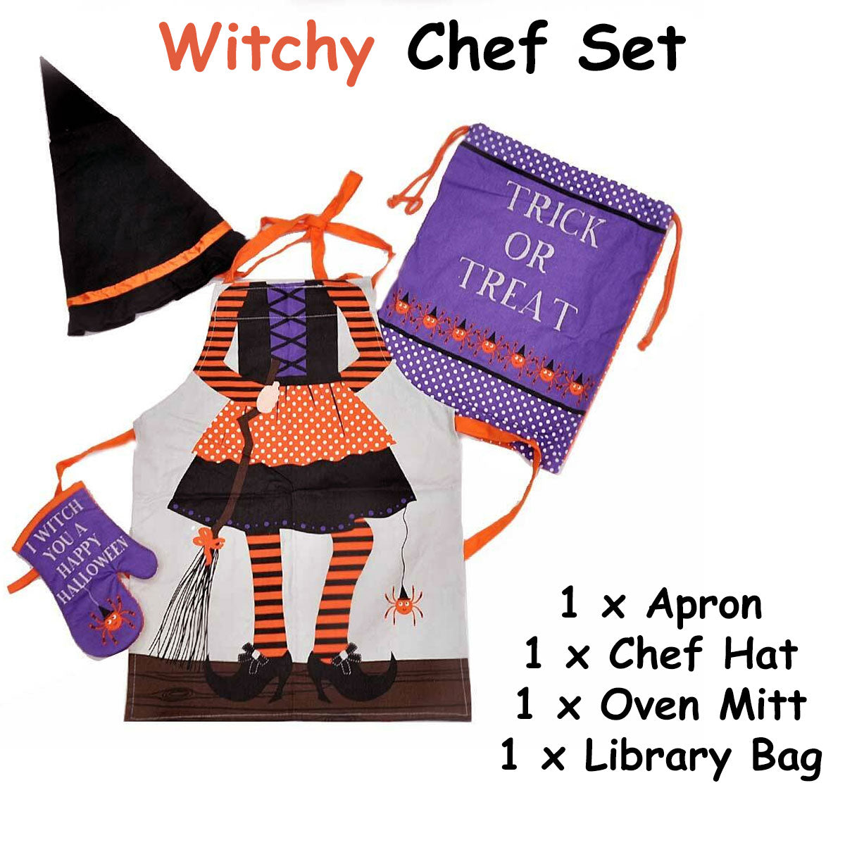 Cubby House Kids Set of 4 Witchy Halloween Kitchen Chef Set, 100% Cotton, Quilted