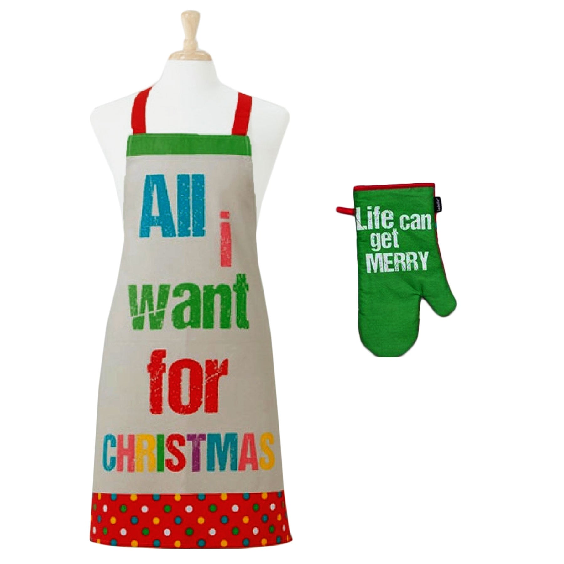 Ladelle Set of 2 All I Want Christmas Kitchen Apron & Oven Mitt 70x89cm, 18x30cm - SuperSaverAU - view 1