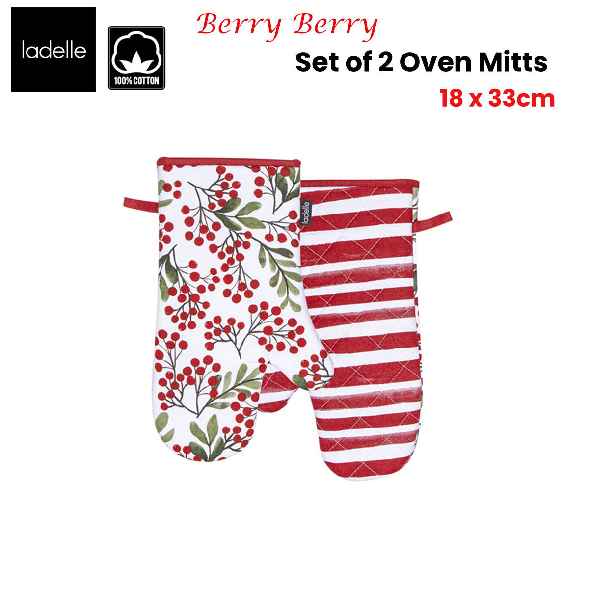 Ladelle Berry Berry Christmas Set of 2 Oven Mitts 18 x 33 cm, AZO Free Dyes