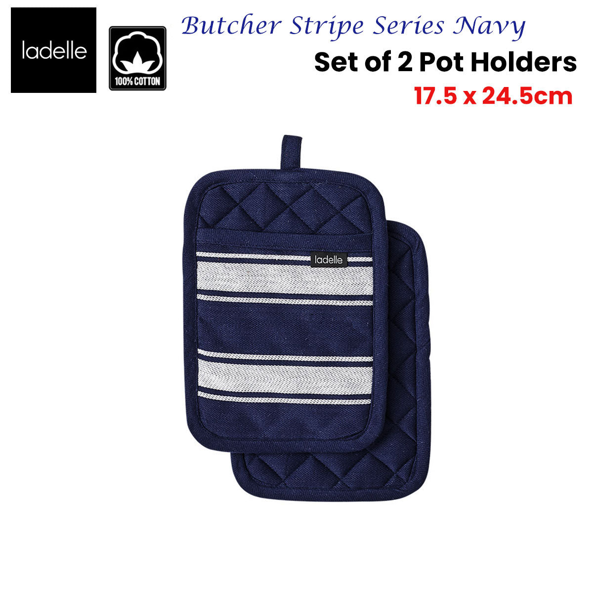 Ladelle Butcher Stripe Navy Set of 2 Pot Holders 17.5 x 24.5cm, AZO Free Dyes - SuperSaverAU - view 2