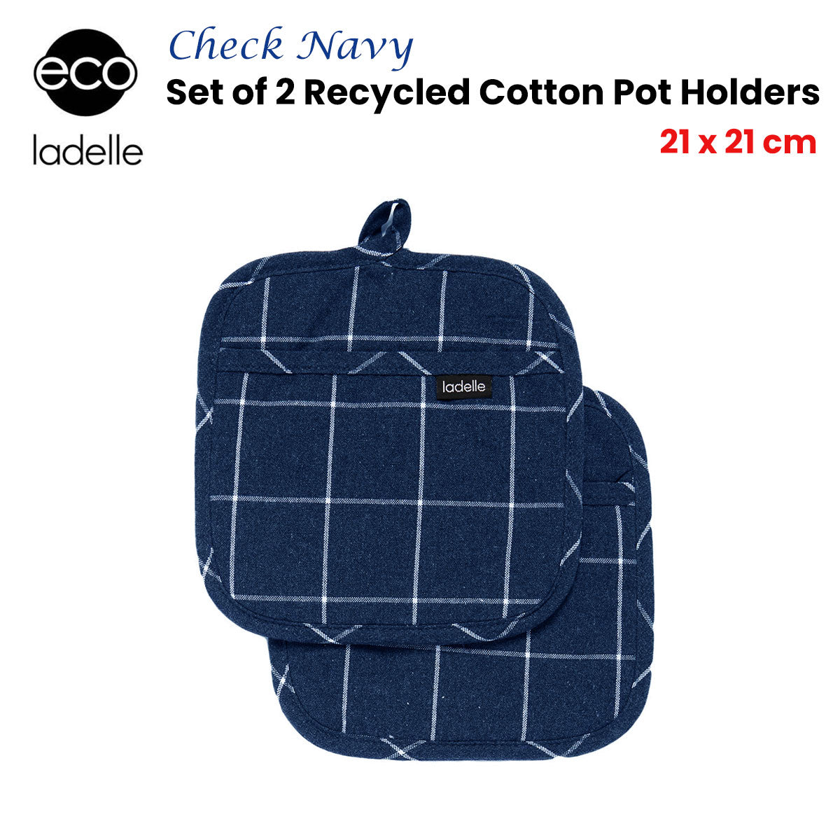 Ladelle Eco Check Navy Set of 2 Pot Holders 21 x 21 cm - Recycled Cotton - SuperSaverAU - view 2