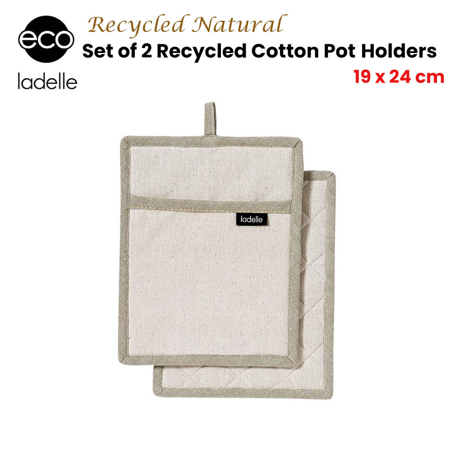 Ladelle Eco Recycled Natural Set of 2 Pot Holders 19 x 24 cm - Quilted Design - SuperSaverAU - view 1