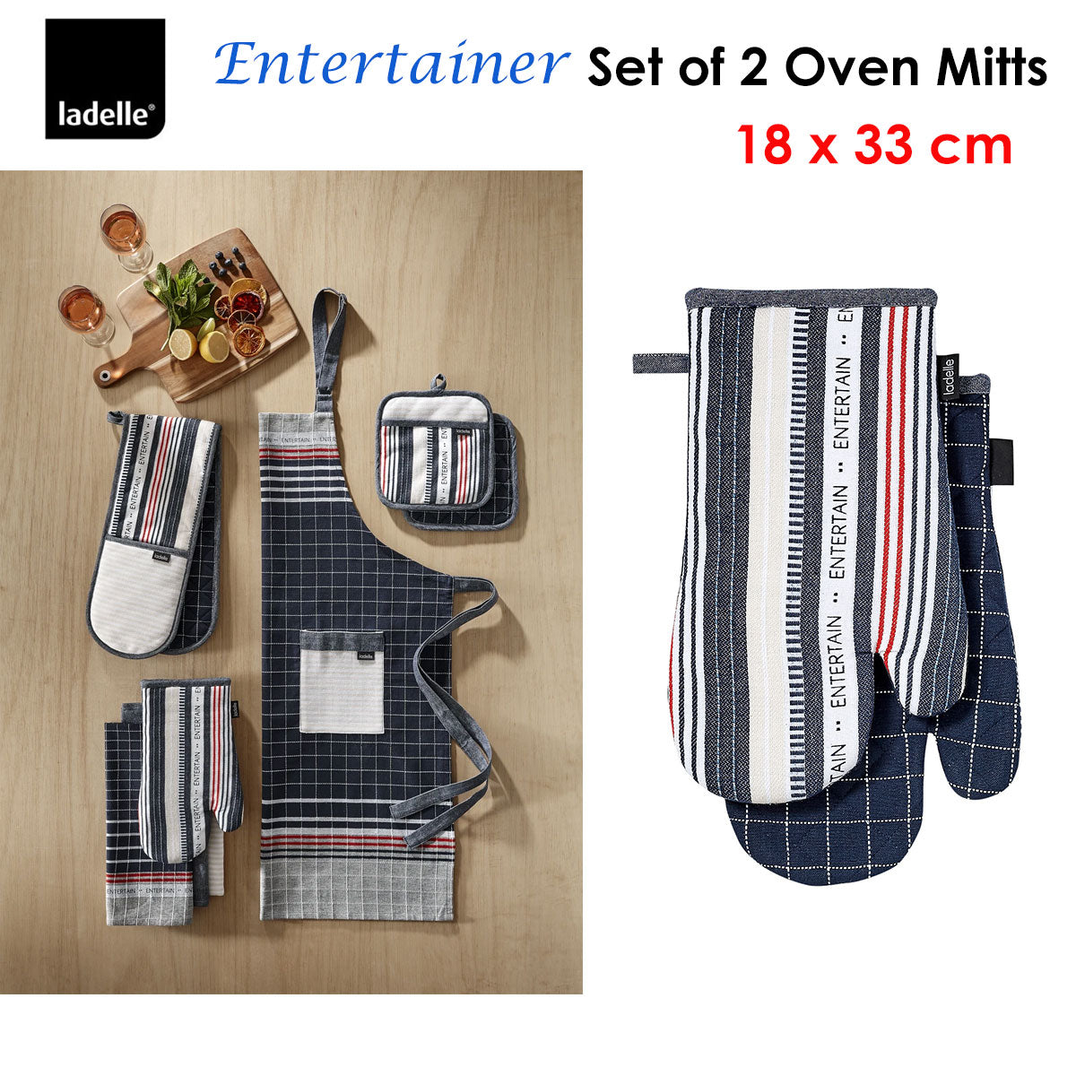 Ladelle Entertainer Charcoal Set of 2 Oven Mitts 18 x 33 cm - Quilted Design, AZO Free