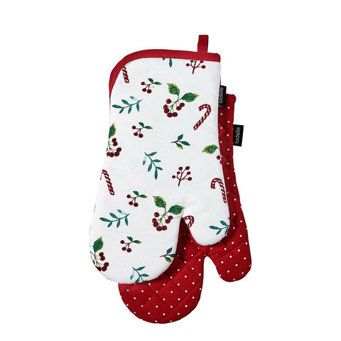 Ladelle Joyful Red Set of 2 Oven Mitts 18 x 33 cm - Quilted Christmas Design - SuperSaverAU - view 1