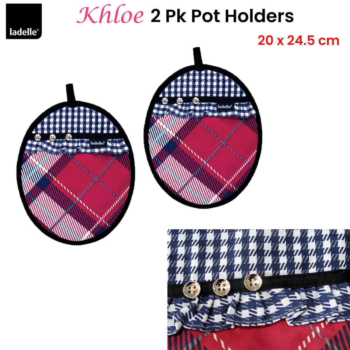 Ladelle Khloe Multi Set of 2 Pot Holders 20 x 24.5 cm, Quilted Tartan Design - SuperSaverAU - view 1