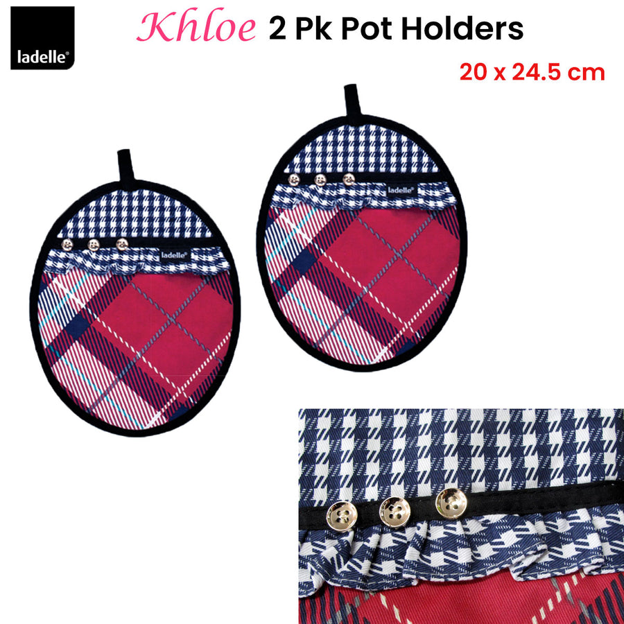 Ladelle Khloe Multi Set of 2 Pot Holders 20 x 24.5 cm, Quilted Tartan Design - SuperSaverAU - view 1