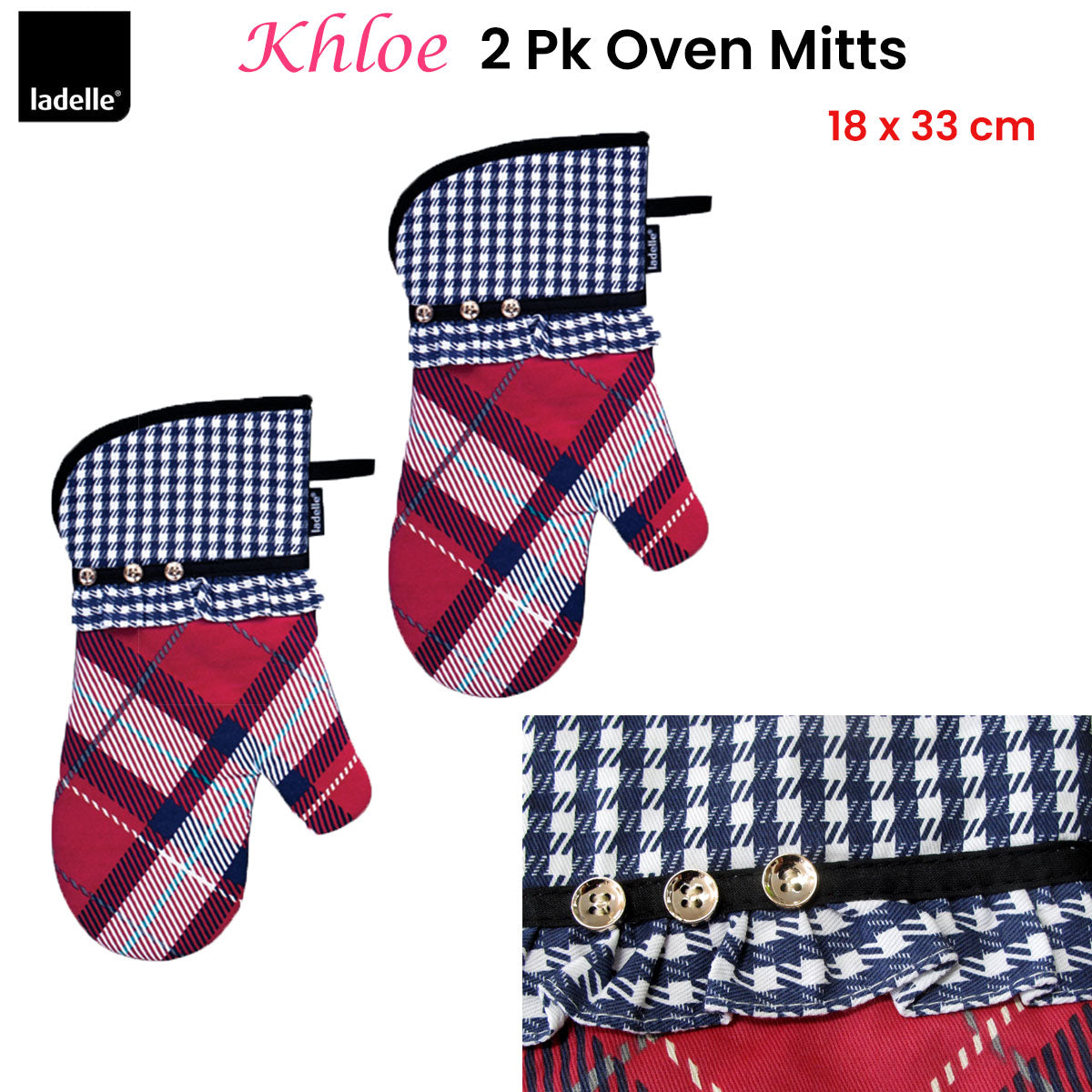 Ladelle Khloe Multi Set of 2 Oven Mitts 18 x 33 cm, Quilted Tartan Design, AZO Free - SuperSaverAU - view 2