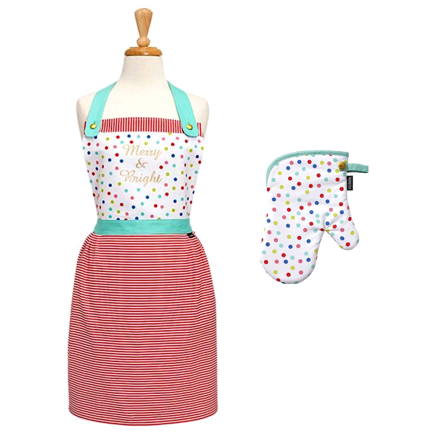 Ladelle Set of 2 Merry And Bright Christmas Kitchen Set - Apron & Oven Mitt 68x79 cm & 18x26 cm