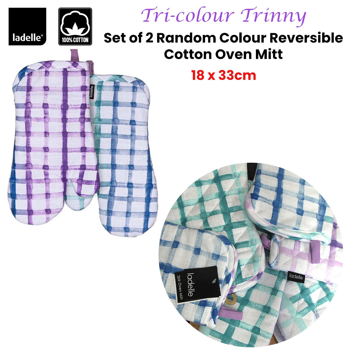 Ladelle Tri-colour Reversible Set of 2 Oven Mitts 18 x 33 cm, Quilted Design - SuperSaverAU - view 1
