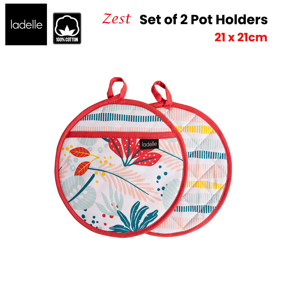 Ladelle Zest Set of 2 Pot Holders 21 x 21 cm, Quilted Design, 100% Cotton - SuperSaverAU - view 2