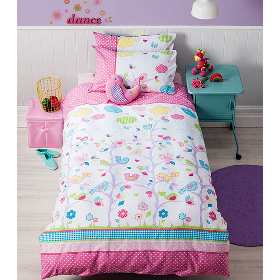 Cubby House Reversible Birdie Tree Quilt Cover Set Single - Birds Print, Easy Care - SuperSaverAU - view 1