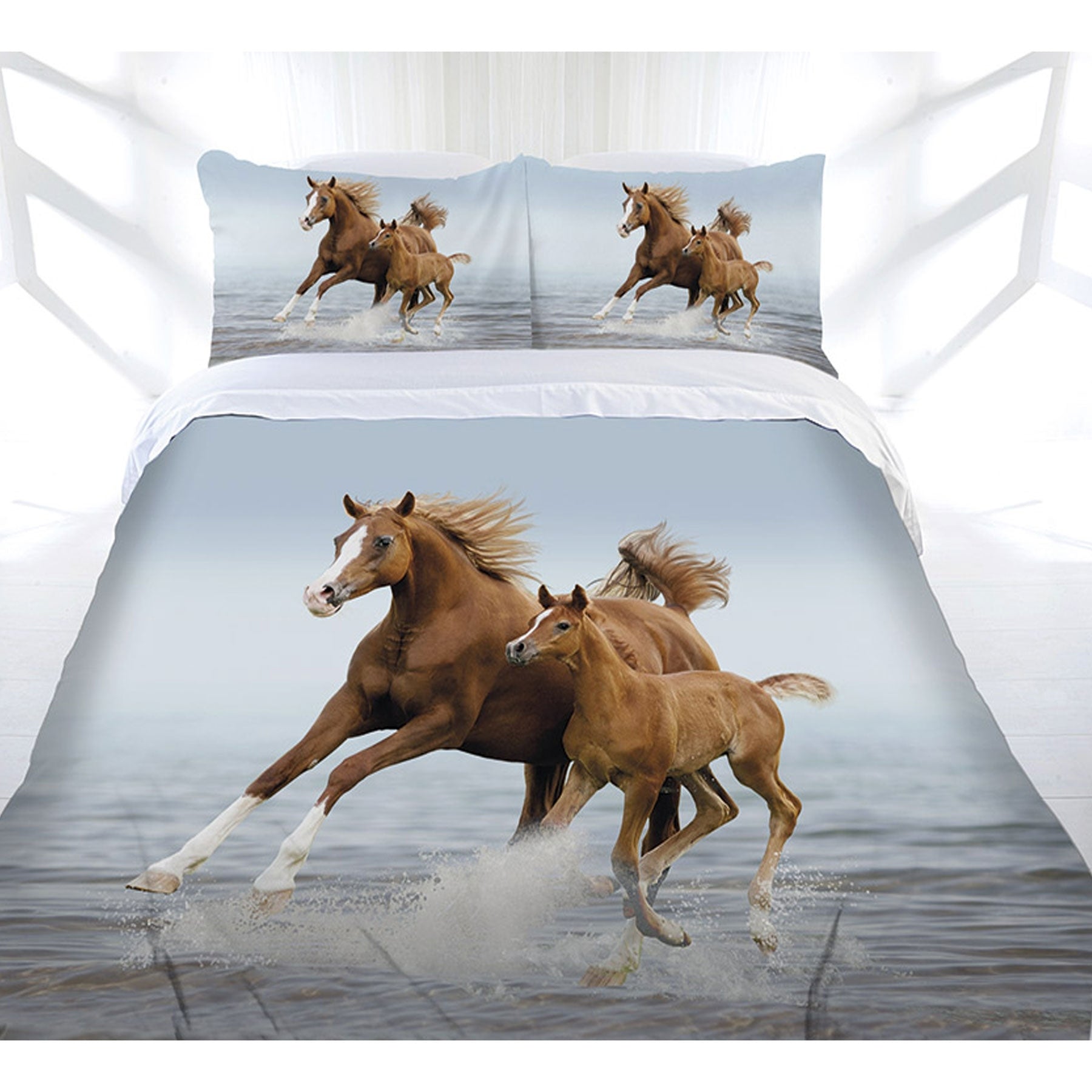 Just Home Frolicking Horse Quilt Cover Set Queen - Horse Print Design, Polyester - SuperSaverAU - view 1