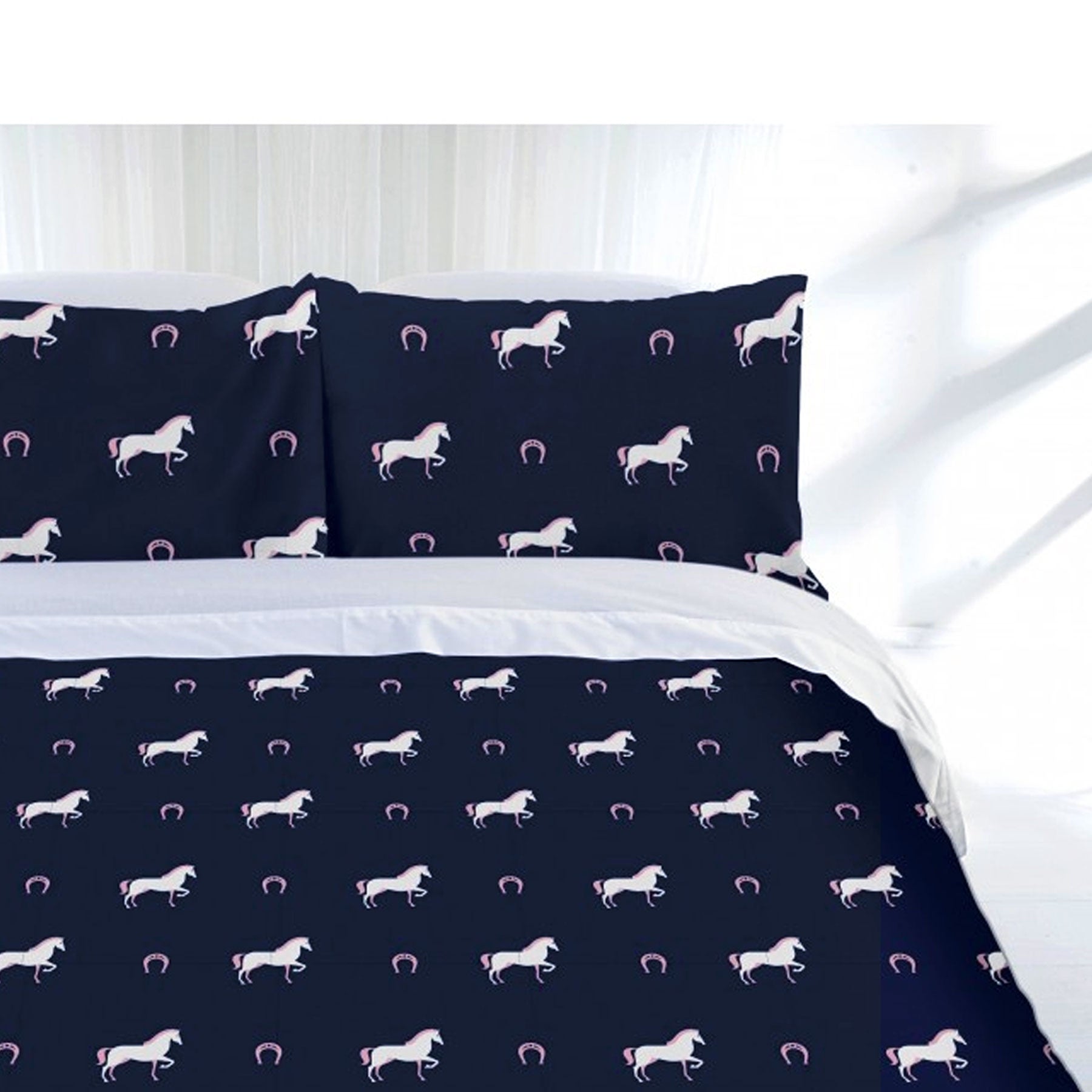 Just Home Horse Shoe Quilt Cover Set Single - Horseshoe Print Design, Navy/Pink - SuperSaverAU - view 1