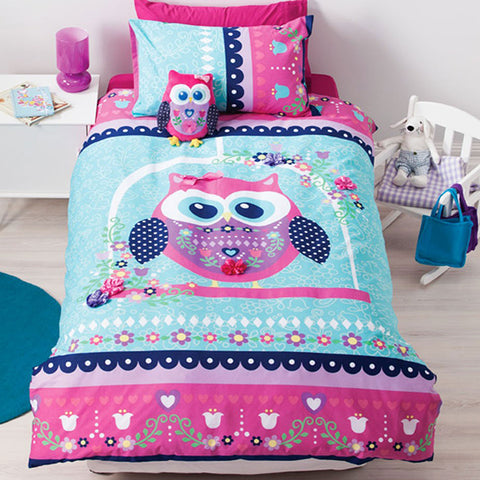 Cubby House Kids Reversible Pretty Owl Quilt Cover Set Single - 180 Thread Count - SuperSaverAU - view 1