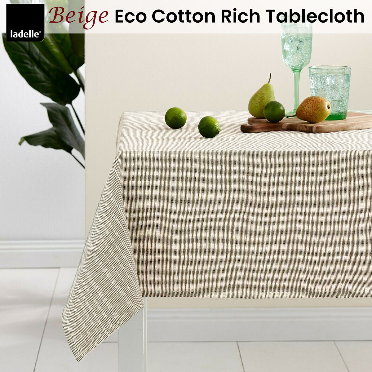 Ladelle Beige Eco Cotton Rich Tablecloth 150 x 265 cm, Woven Stripes Design - SuperSaverAU - view 2