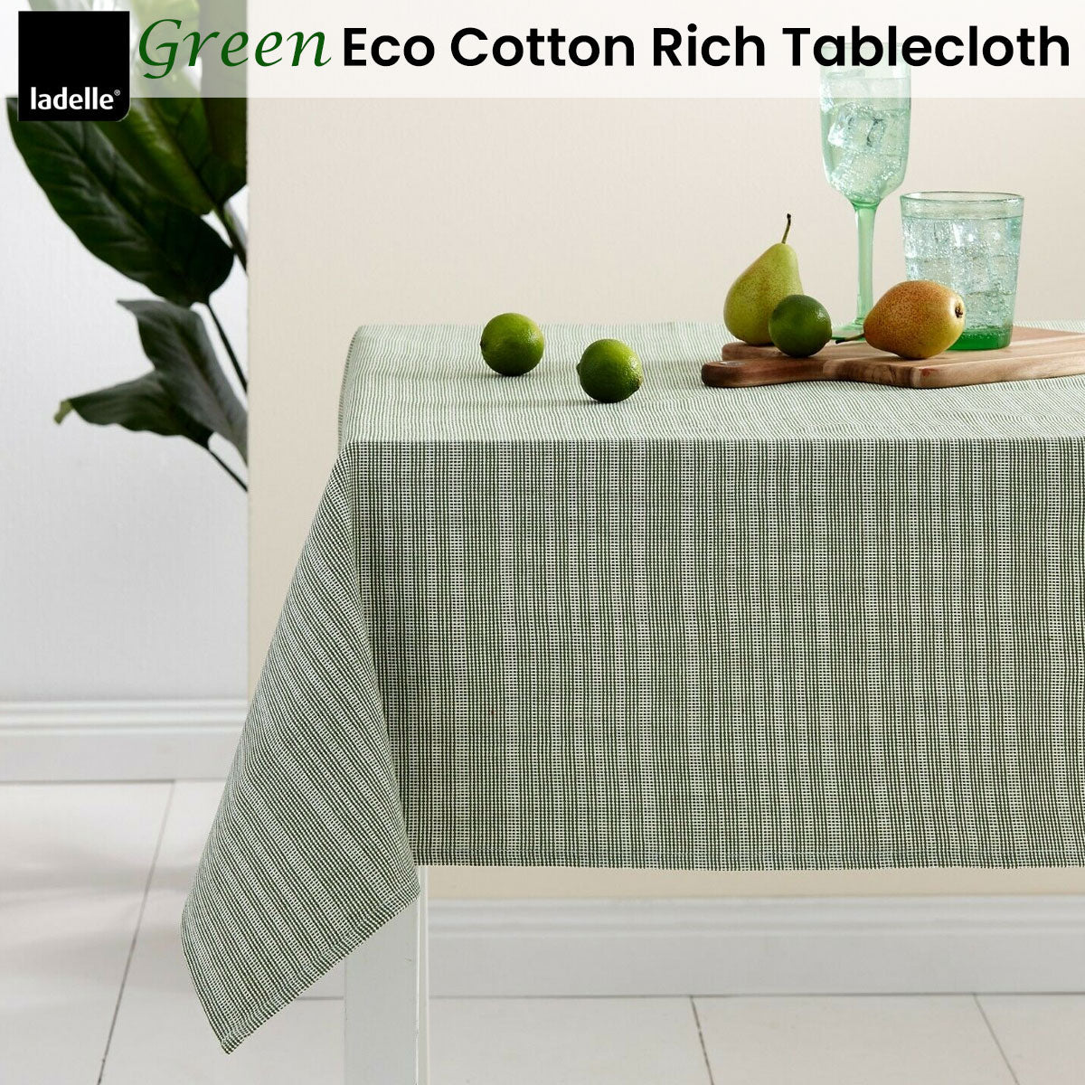 Ladelle Green Eco Cotton Rich Tablecloth 150 x 265 cm, Woven Stripes Design - SuperSaverAU - view 2