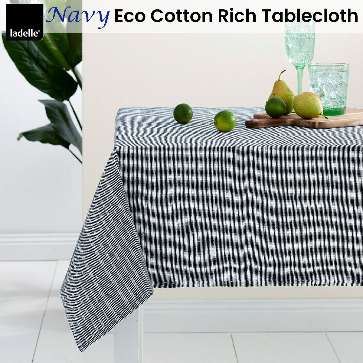Ladelle Navy Eco Cotton Rich Tablecloth 150 x 300 cm - Woven Stripes Design - SuperSaverAU - view 2