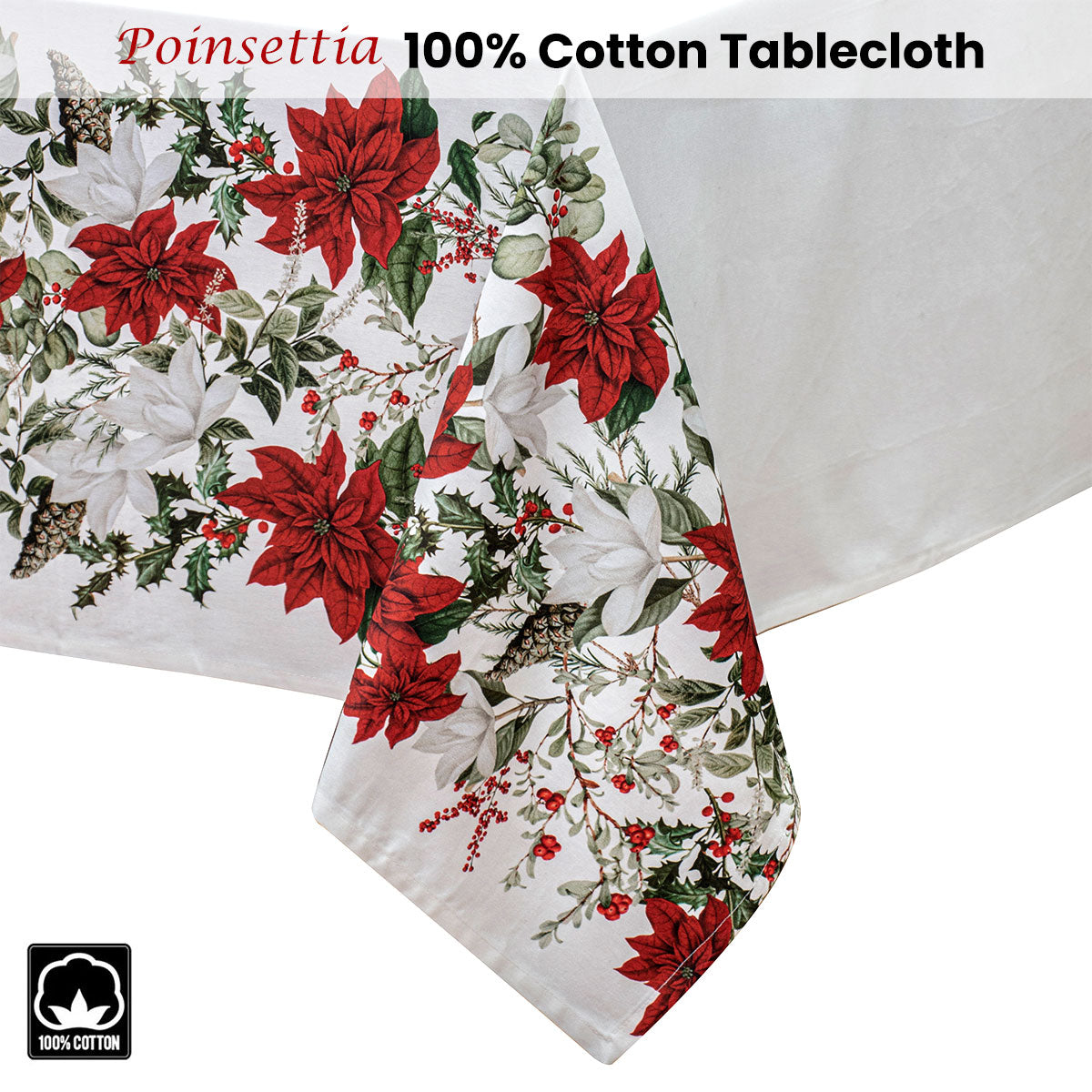 Ashdene Poinsettia Christmas Tablecloth 150 x 300 cm, 100% Cotton, AZO Free Dyes - SuperSaverAU - view 1