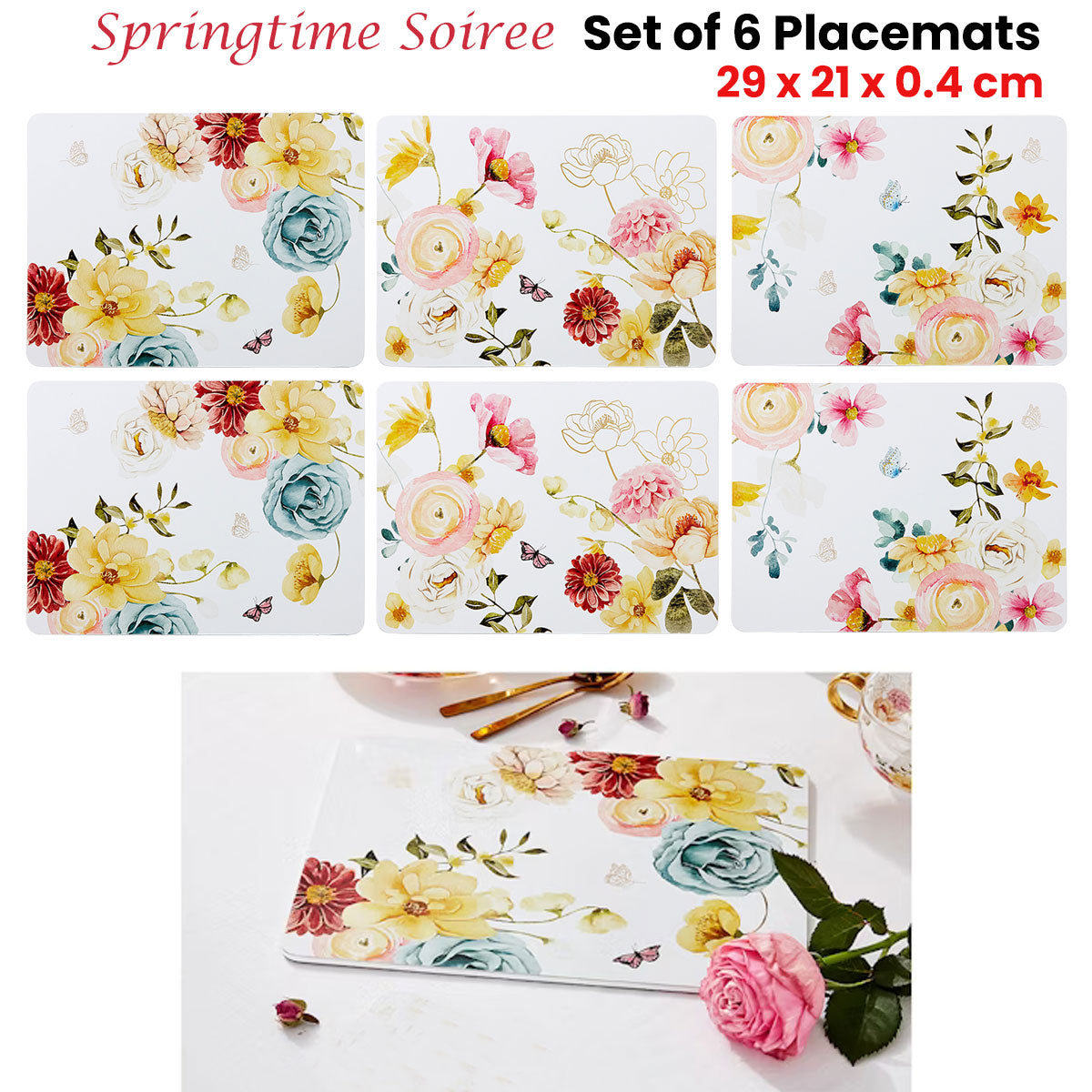 Ashdene Set of 6 Springtime Soiree Table Placemats 29x21x0.4 cm - Floral Design - SuperSaverAU - view 2