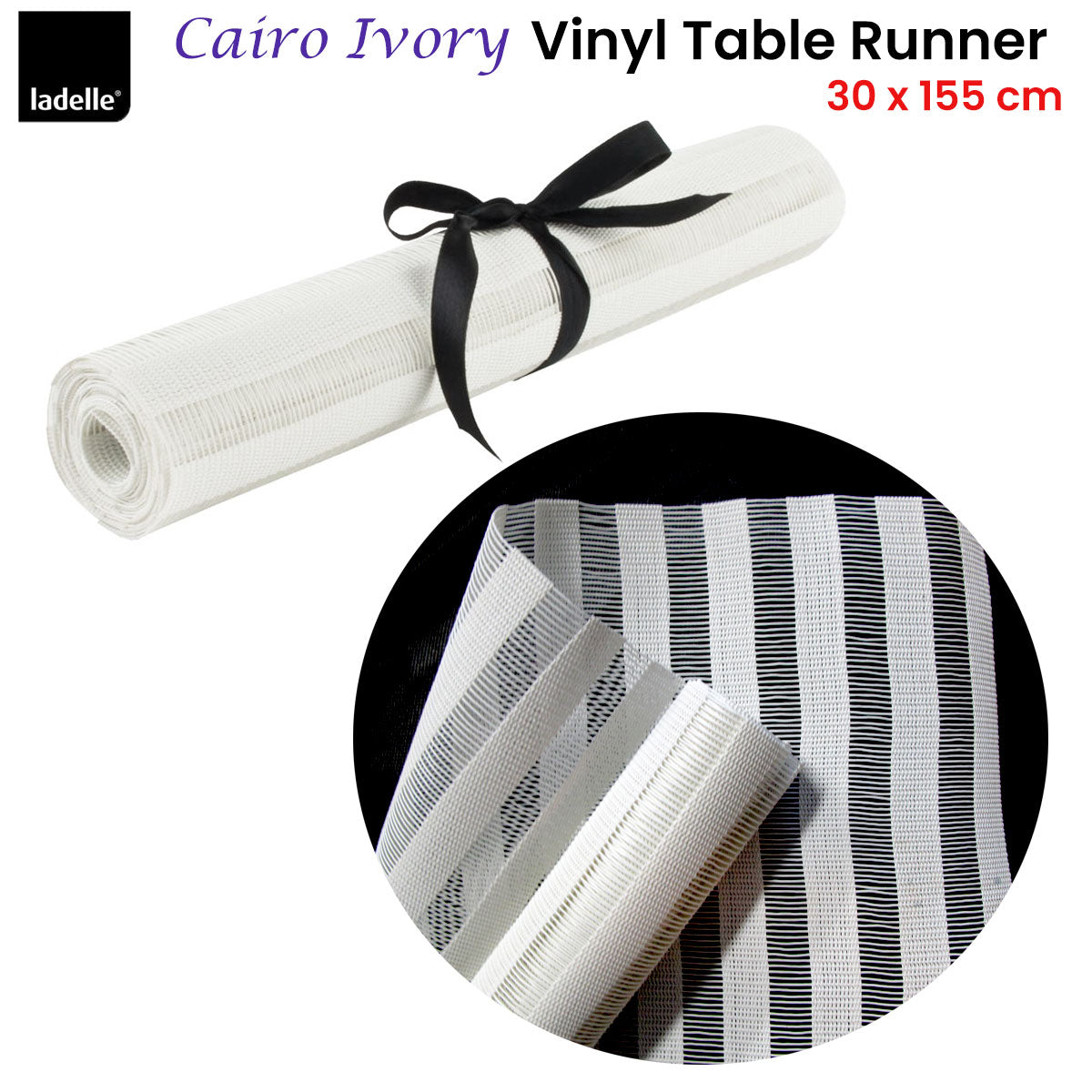 Ladelle Cairo Ivory Vinyl Table Runner 30 x 155 cm, Woven Stripes, AZO Free - SuperSaverAU - view 2