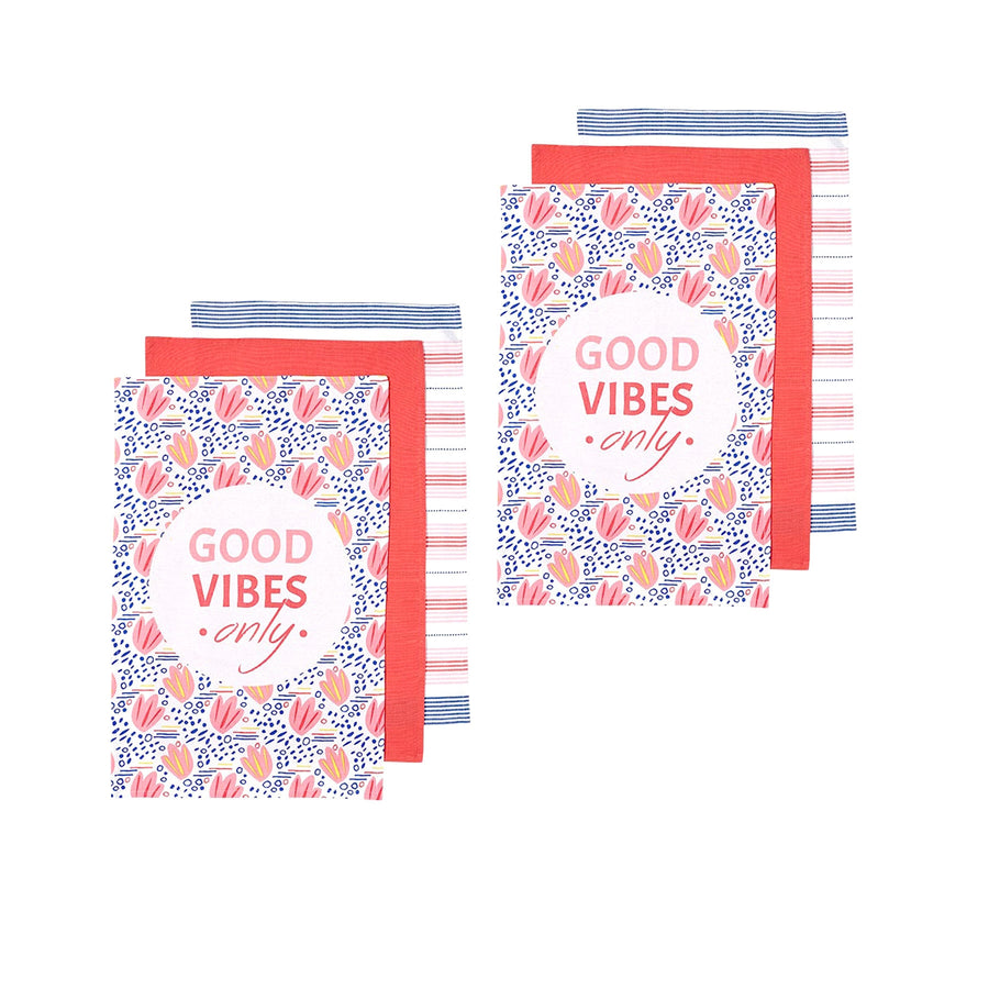 Ladelle Arise Kitchen Range Set of 6 Tea Towels 45x70cm Floral Print Pink - SuperSaverAU - view 1