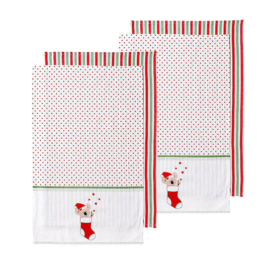 Ladelle Set of 4 Cotton Tea Towels 45 x 70 cm - Stripes/Dotted Pattern, AZO Free