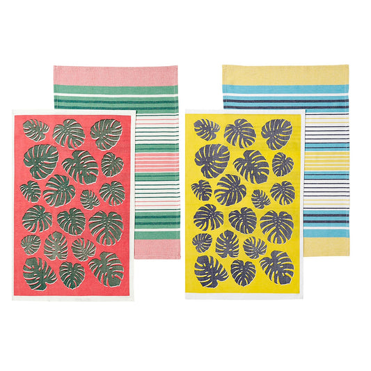 Ladelle Set of 4 Tropical Leaves & Stripes 100% Cotton Tea Towels 45x70 cm