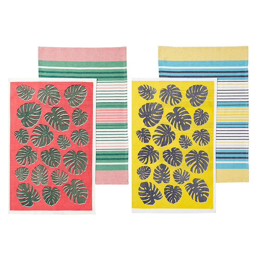 Ladelle Set of 4 Tropical Leaves & Stripes 100% Cotton Tea Towels 45x70 cm - SuperSaverAU - view 1